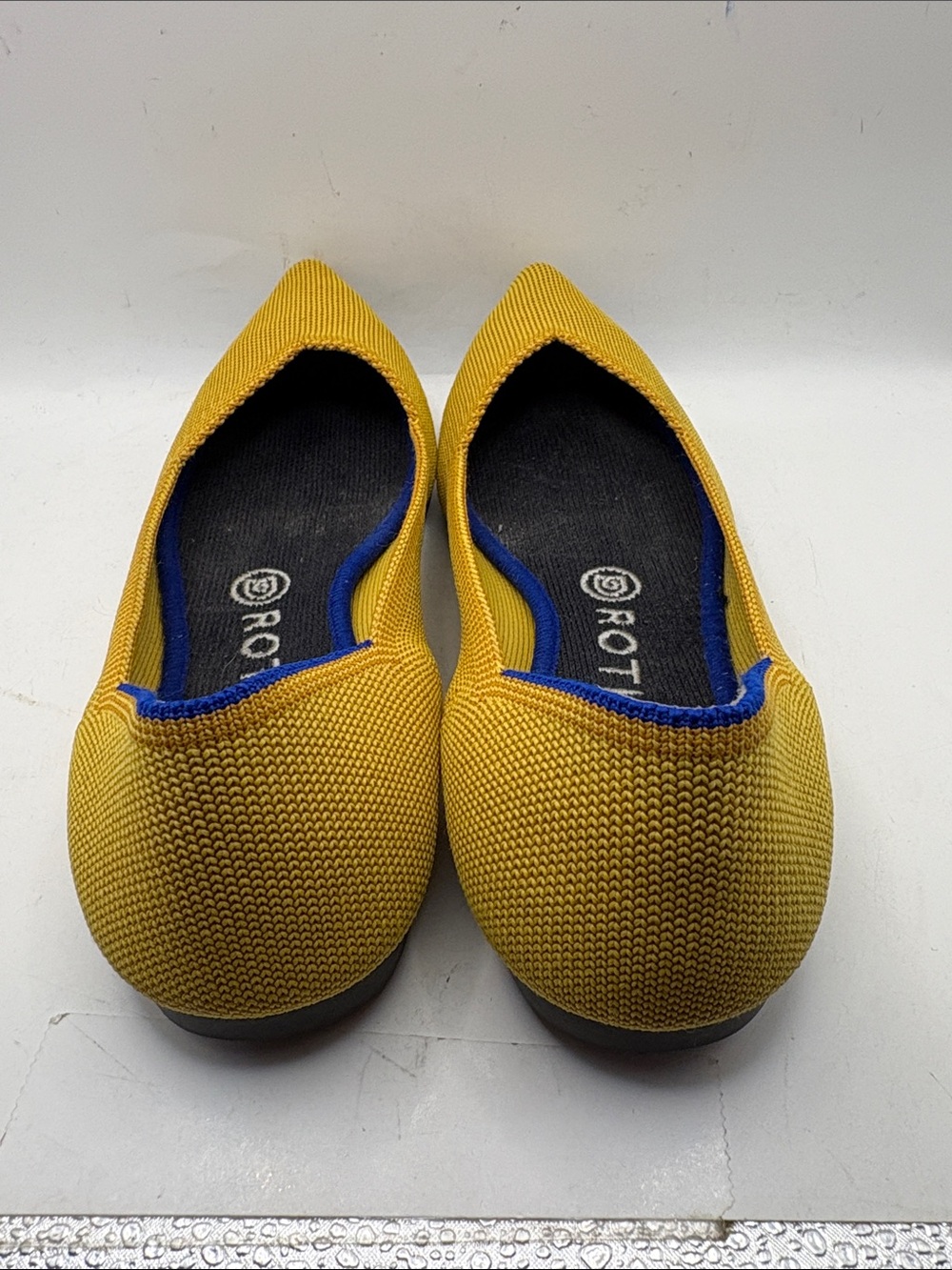 Rothy's Pointed Knit Ballet Flats in Bright Yellow with Blue Trim - Picture 7 of 11